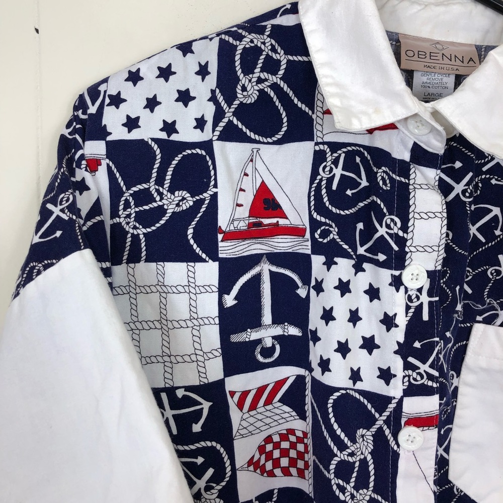 Vintage Nautical Print Button Down Crop Top Sz L - Picture 4 of 9